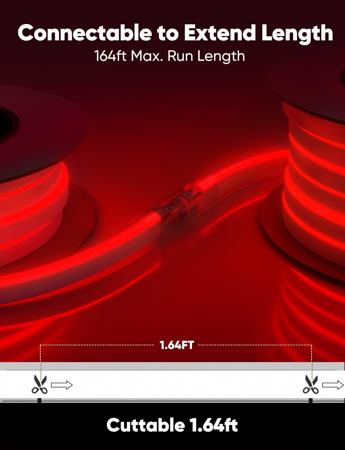 HeliosRibbon 65FT Red LED Neon Rope Lights, Waterproof, Flexible, Connectable, Model HR-MNEON-RED-20M